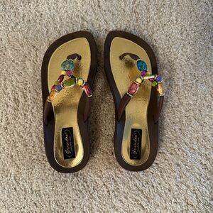Beaded Jewel Brown Flip Flops with Gold Footbed